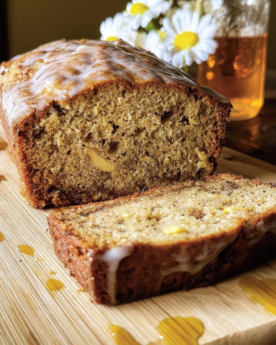 A sliced loaf of Maple-Bourbon Banana Bread with icing, sitting on a wooden board with flowers in the background.