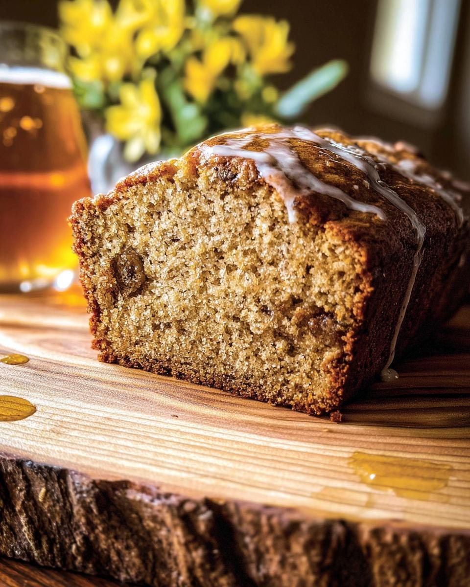 A loaf of Maple-Bourbon Banana Bread with a sweet glaze, sitting on a rustic wooden board.