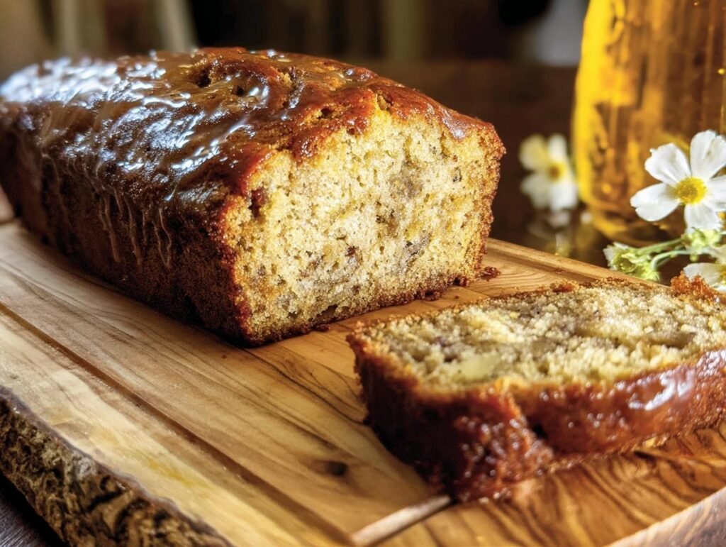 A loaf of Maple-Bourbon Banana Bread with a slice cut, sitting on a wooden board with a glaze.