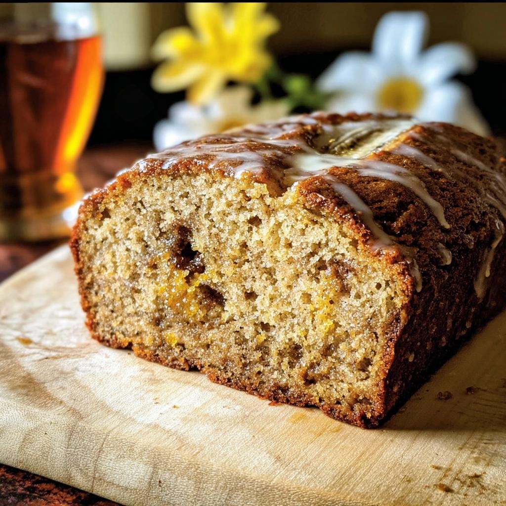 A delicious loaf of Maple-Bourbon Banana Bread, sliced and glazed, sits on a wooden board.