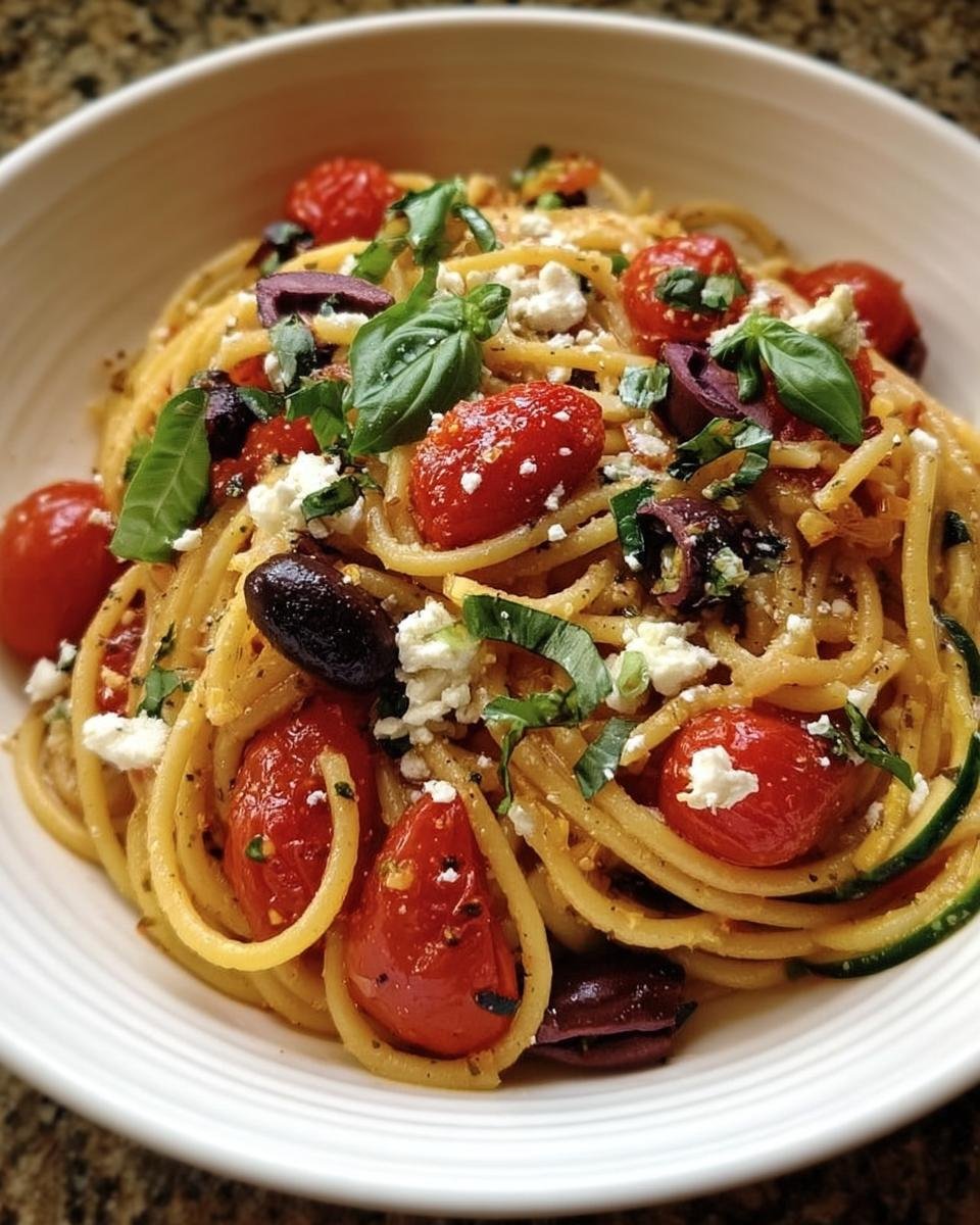 Close-up of Mediterranean One Pot Pasta featuring tomatoes, olives, feta, and basil in a white bowl.