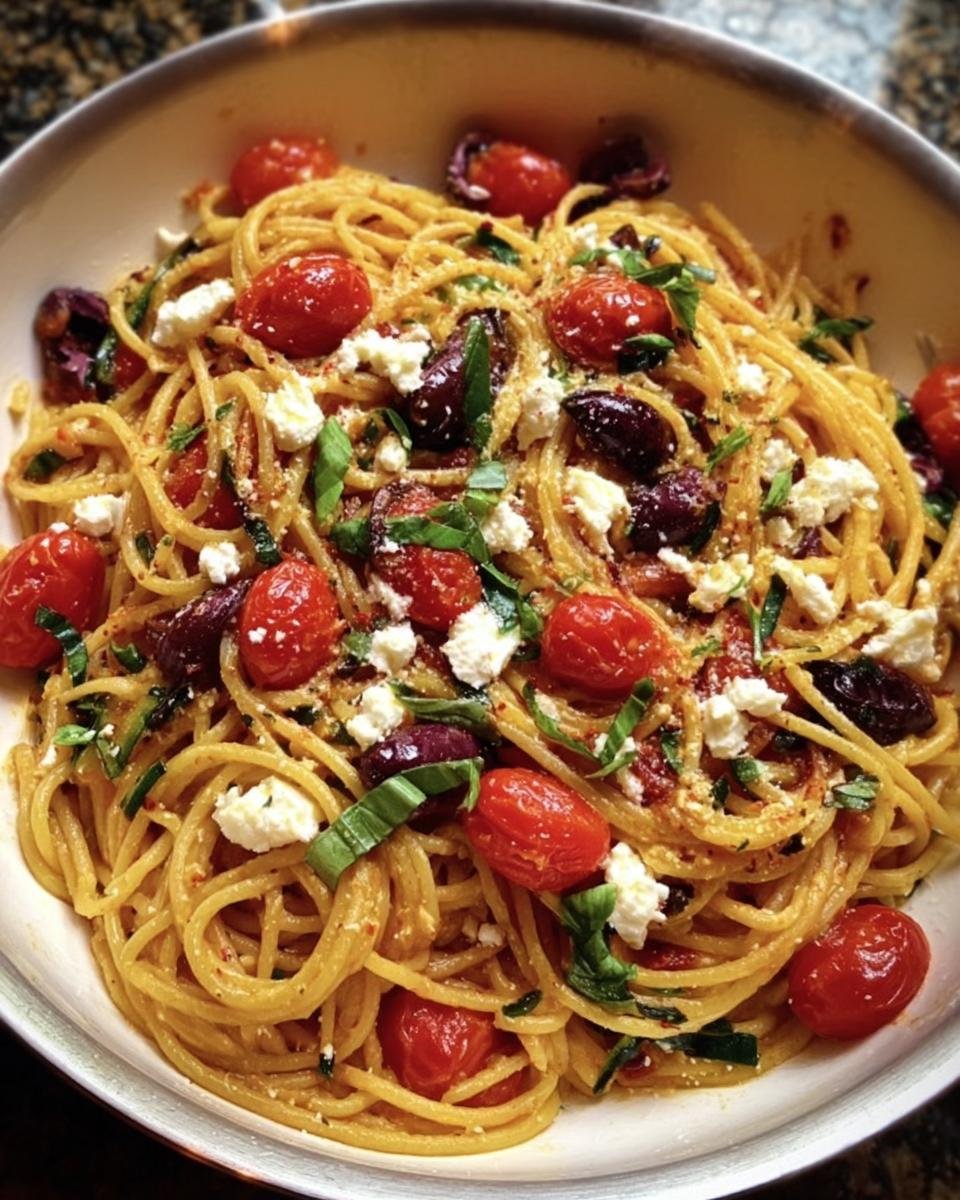 Bowl of Mediterranean One Pot Pasta with tomatoes, olives, feta, and basil.
