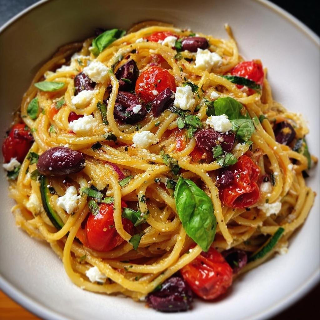 A bowl of Mediterranean One Pot Pasta with tomatoes, olives, feta, and basil.