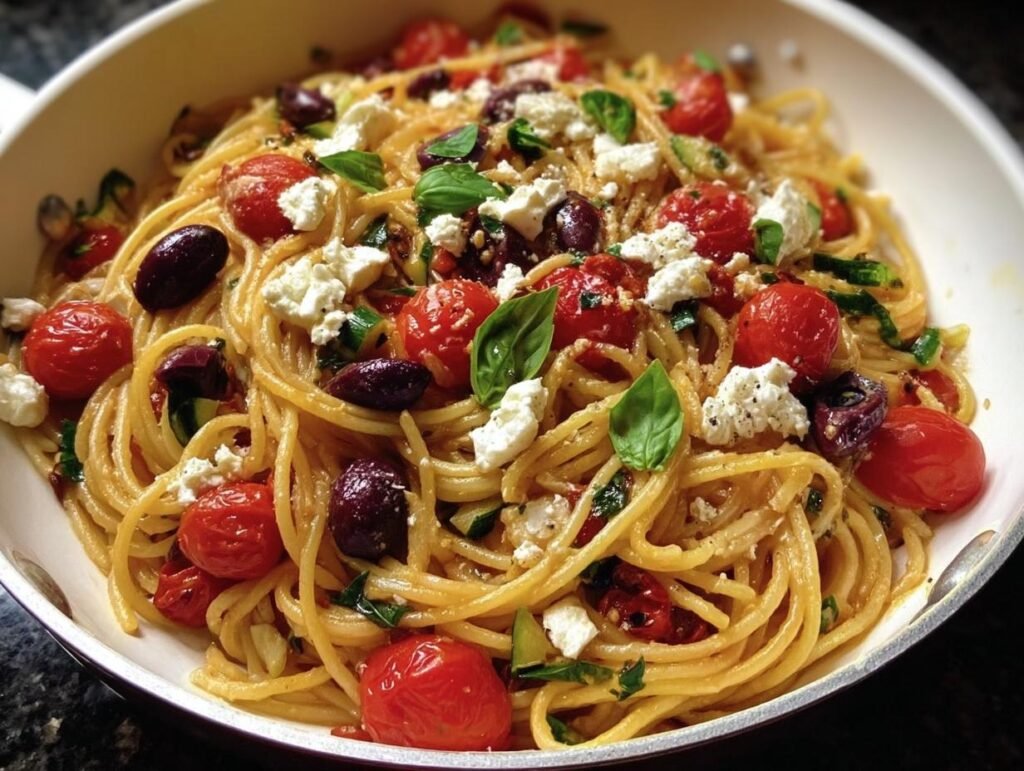 Close-up of Mediterranean One Pot Pasta featuring spaghetti, cherry tomatoes, olives, feta, and basil.