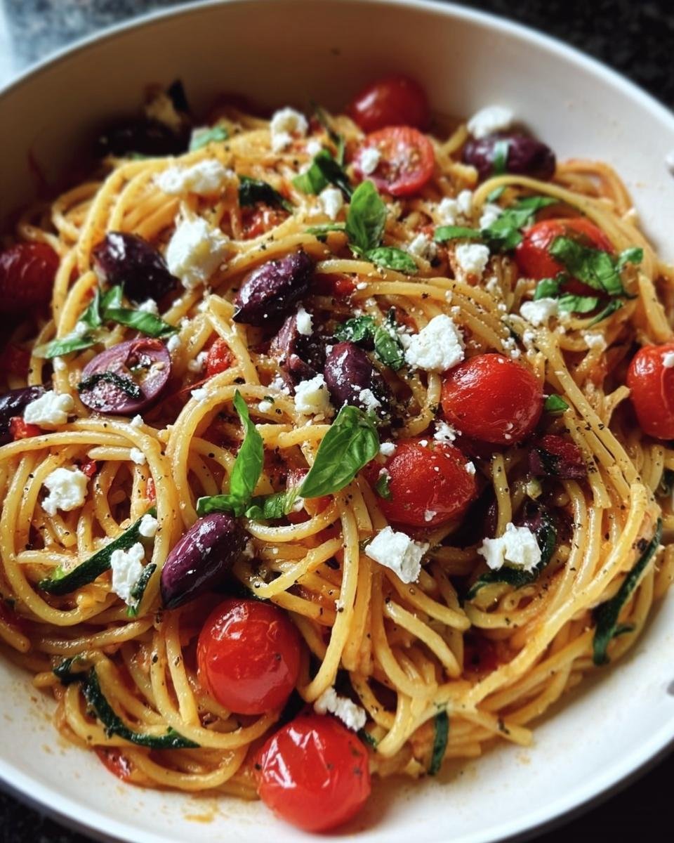 Close-up of Mediterranean One Pot Pasta with cherry tomatoes, olives, feta, and basil.