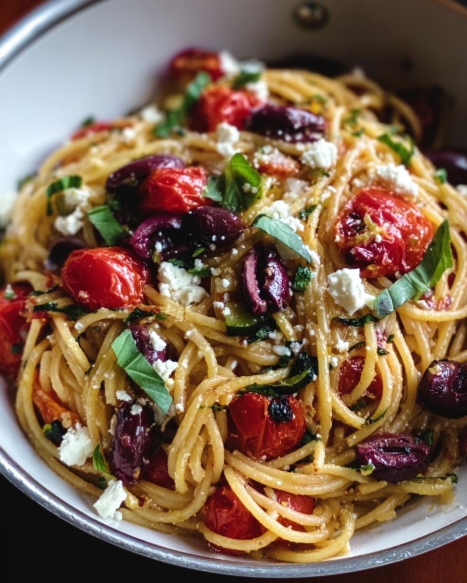 Close-up of Mediterranean One Pot Pasta with tomatoes, olives, feta, and basil.