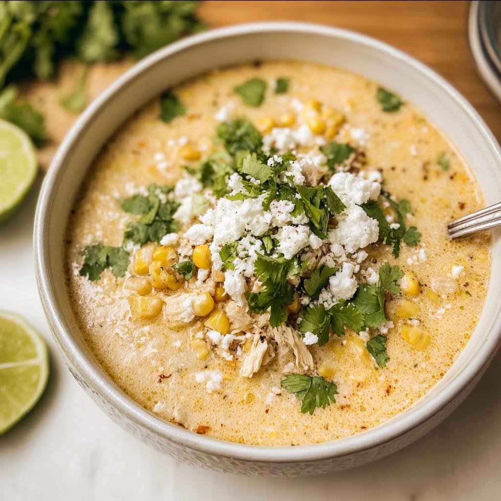 A bowl of creamy Mexican Street Corn Soup topped with cotija cheese and cilantro. Lime wedges on the side.