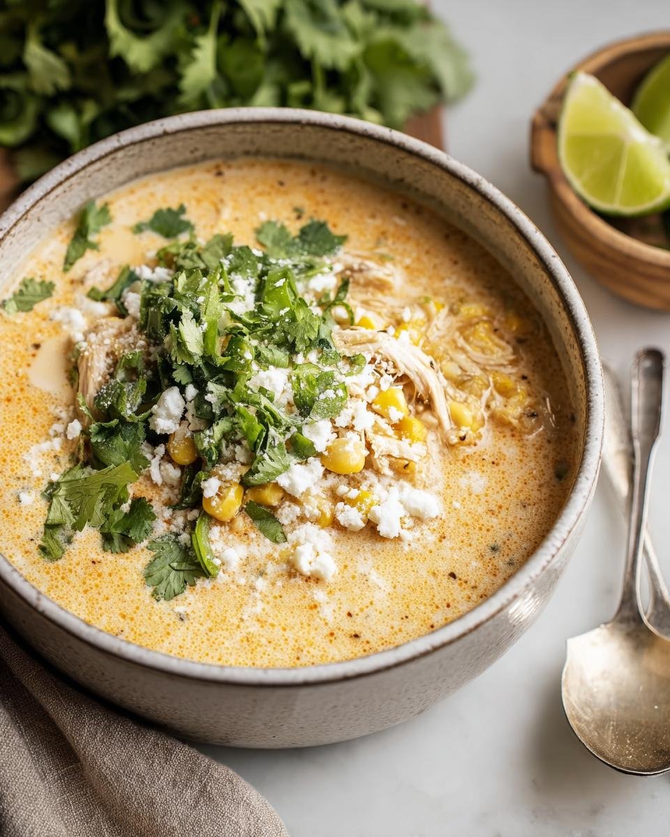 A bowl of creamy Mexican Street Corn Soup topped with cilantro, cotija cheese, and corn kernels.