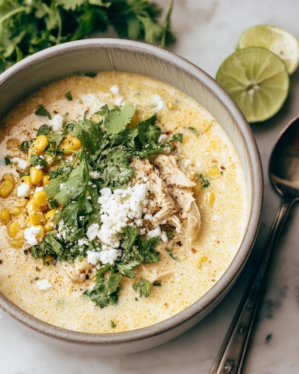 Overhead shot of Mexican Street Corn Soup in a bowl, topped with chicken, cilantro, and cotija cheese. Lime wedges on the side.