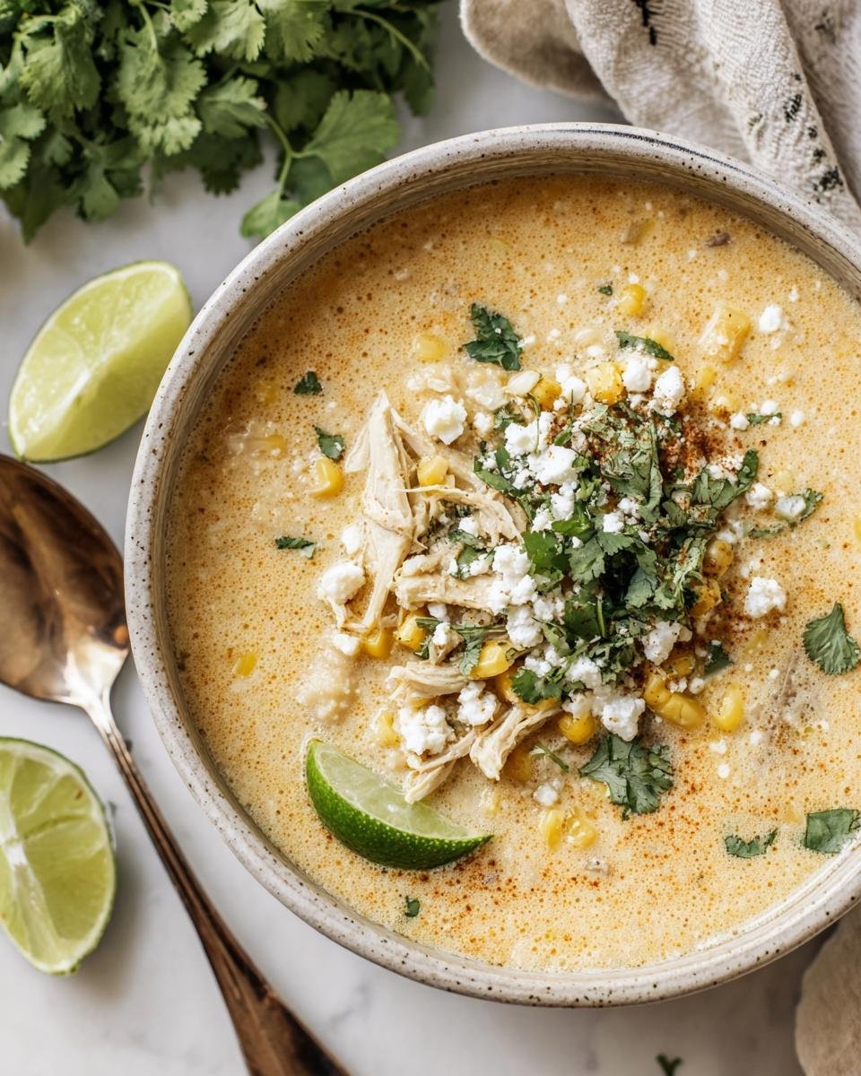 Overhead shot of Mexican Street Corn Soup in a bowl, topped with chicken, cheese, cilantro, and a lime wedge.