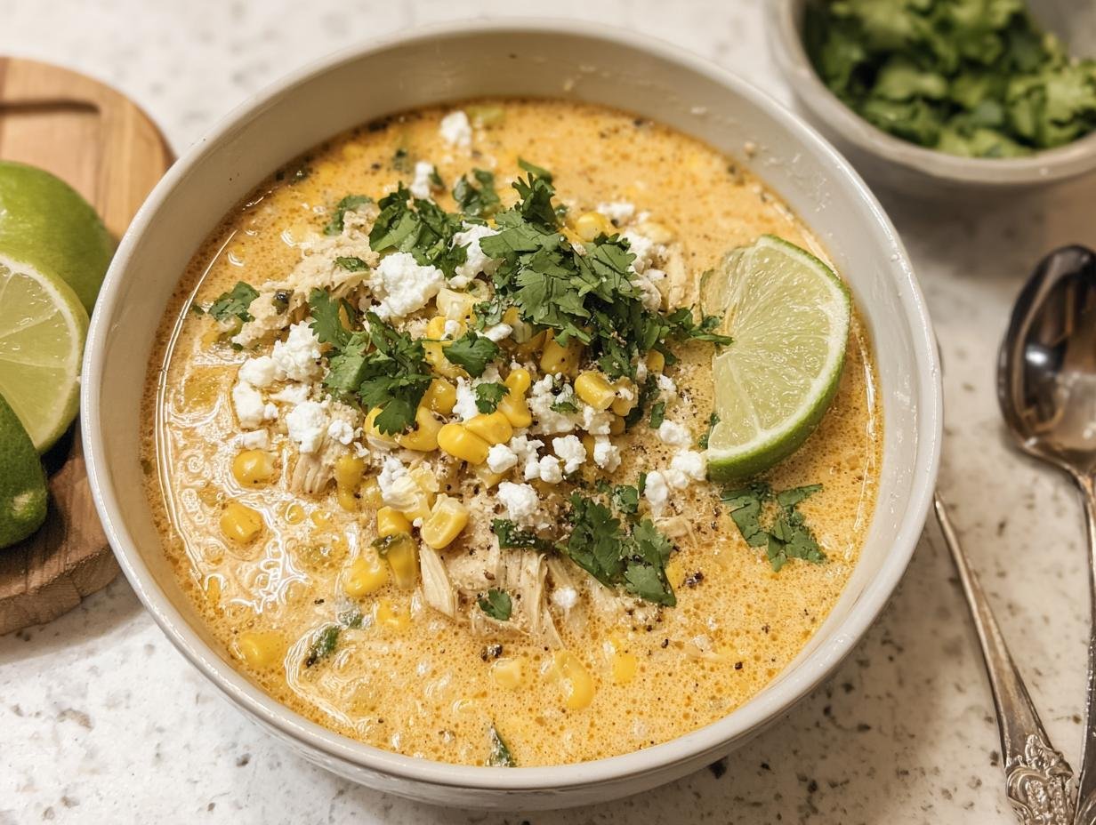 A bowl of creamy Mexican Street Corn Soup topped with corn, cheese, cilantro, and a lime wedge.