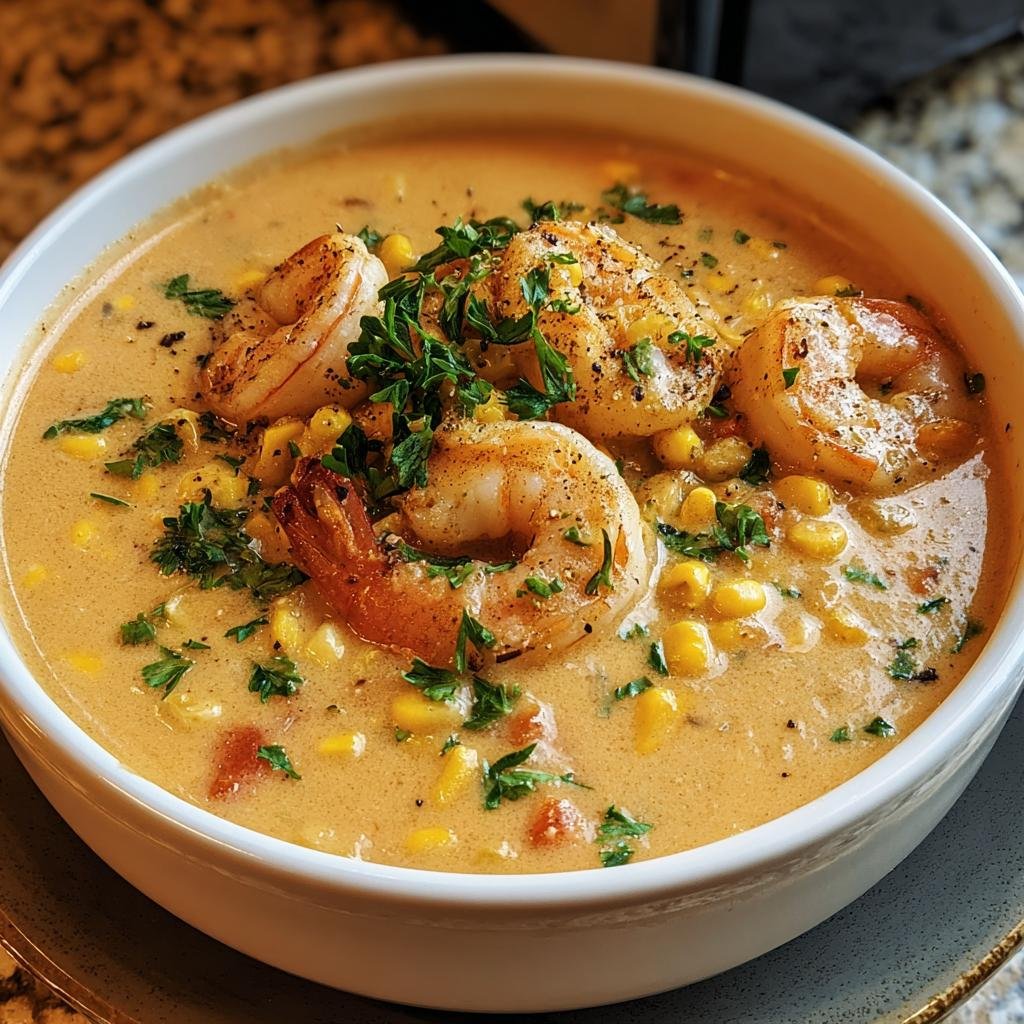 A bowl of creamy Orleans Shrimp and Corn Bisque topped with shrimp and parsley.