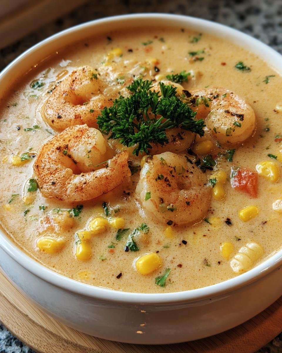 A bowl of creamy Orleans Shrimp and Corn Bisque garnished with fresh parsley and seasoned shrimp.