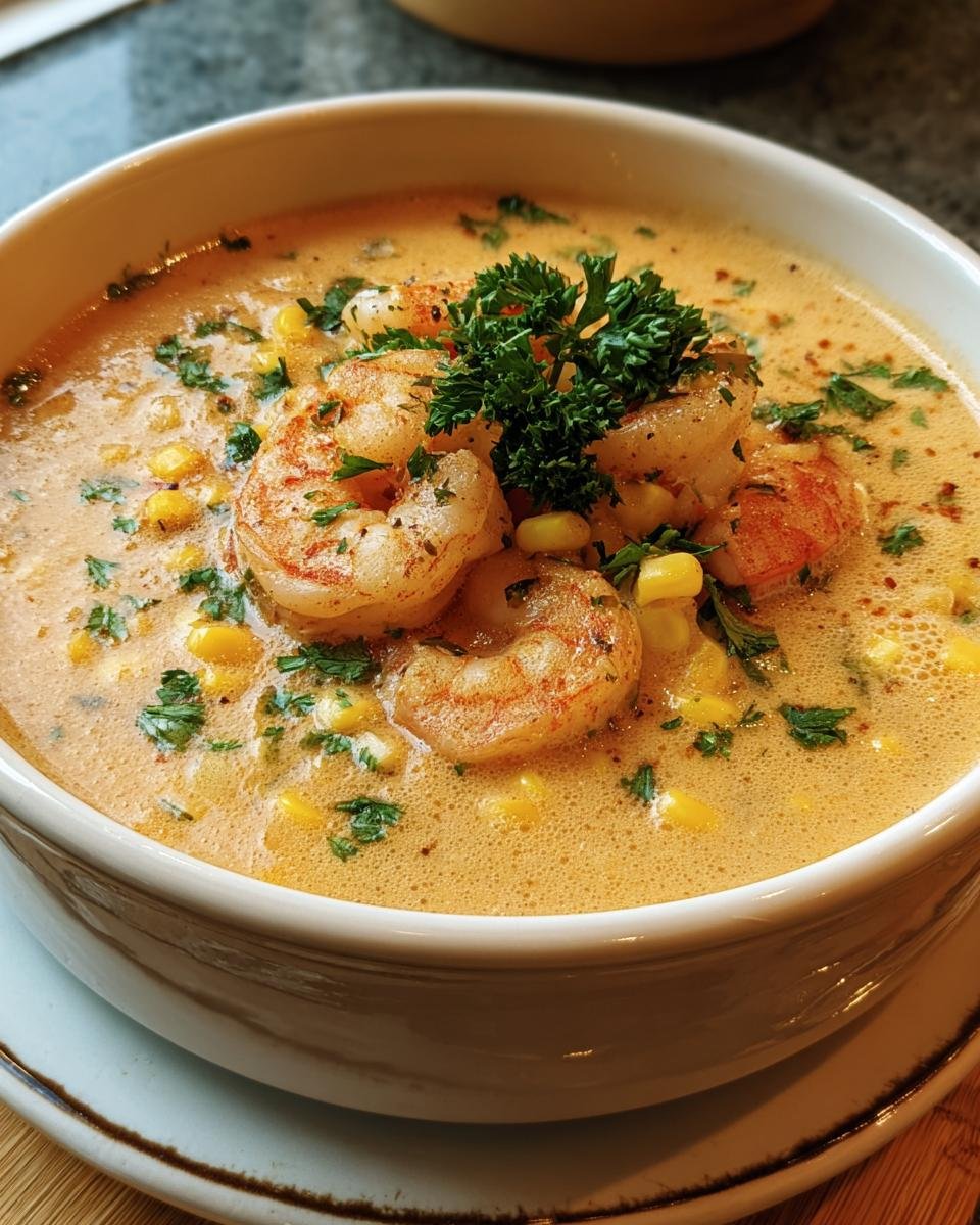 A bowl of creamy Orleans Shrimp and Corn Bisque, garnished with parsley and plump shrimp.