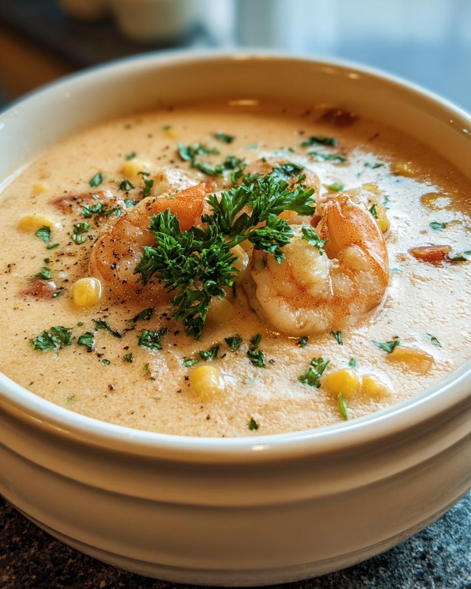 Bowl of Orleans Shrimp and Corn Bisque, garnished with shrimp and parsley.