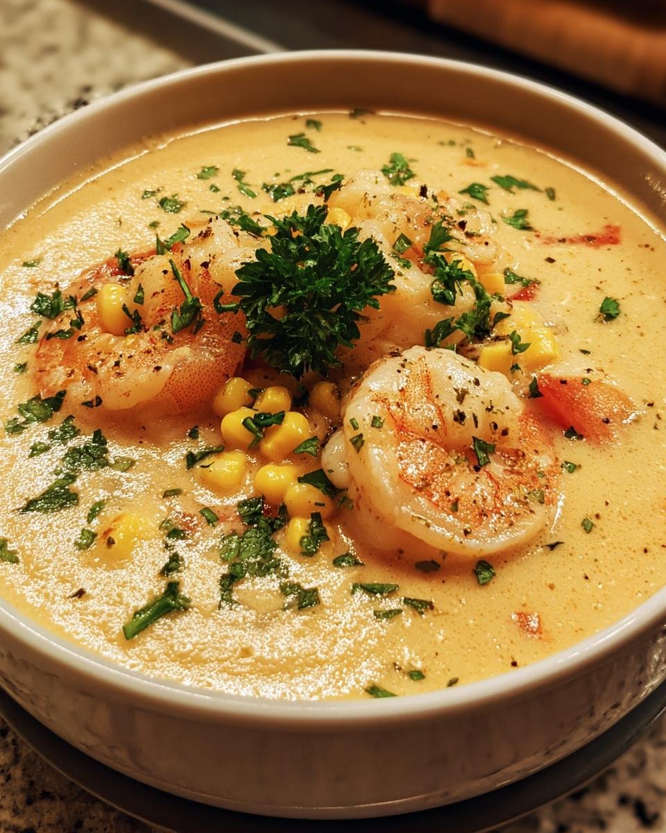 A bowl of creamy Orleans Shrimp and Corn Bisque, garnished with shrimp, corn, and fresh herbs.