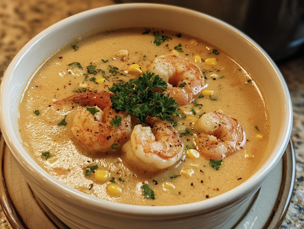 A bowl of creamy Orleans Shrimp and Corn Bisque garnished with shrimp and parsley.