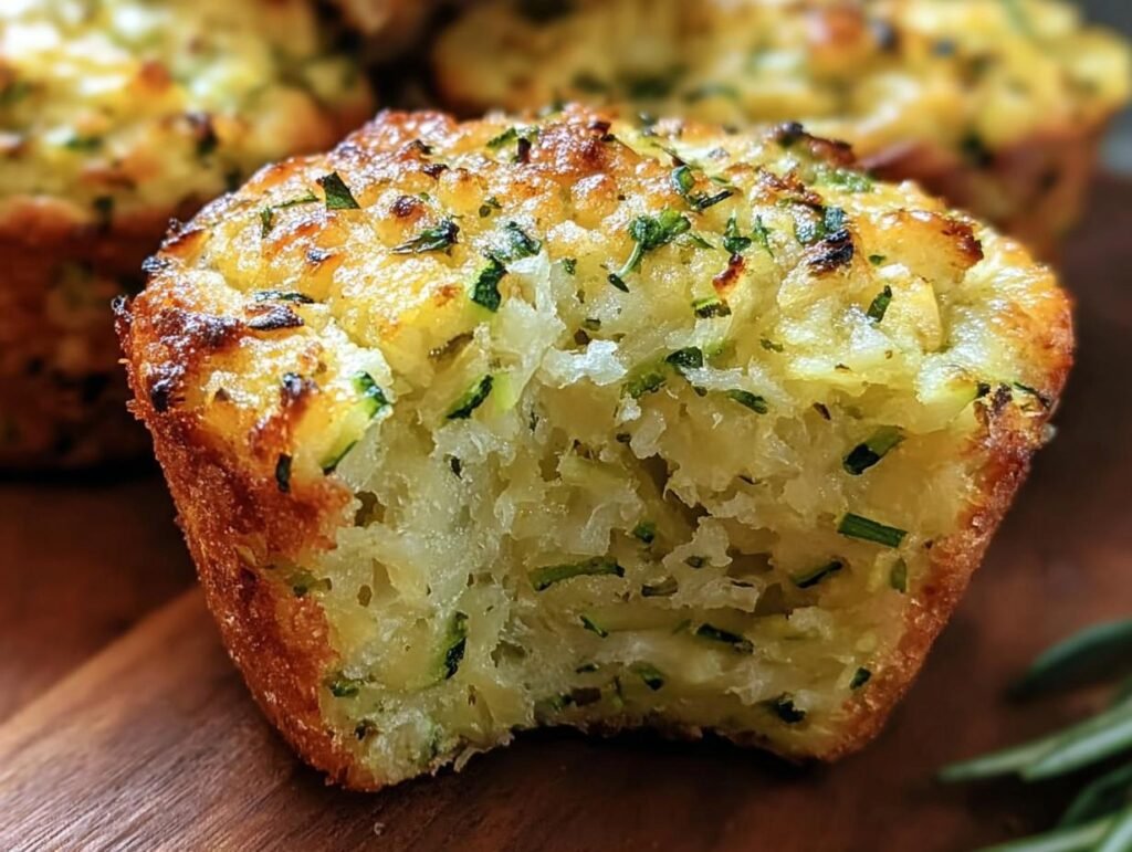 Close-up of a Parmesan Zucchini Muffin with a bite taken, showing the moist interior and zucchini pieces.