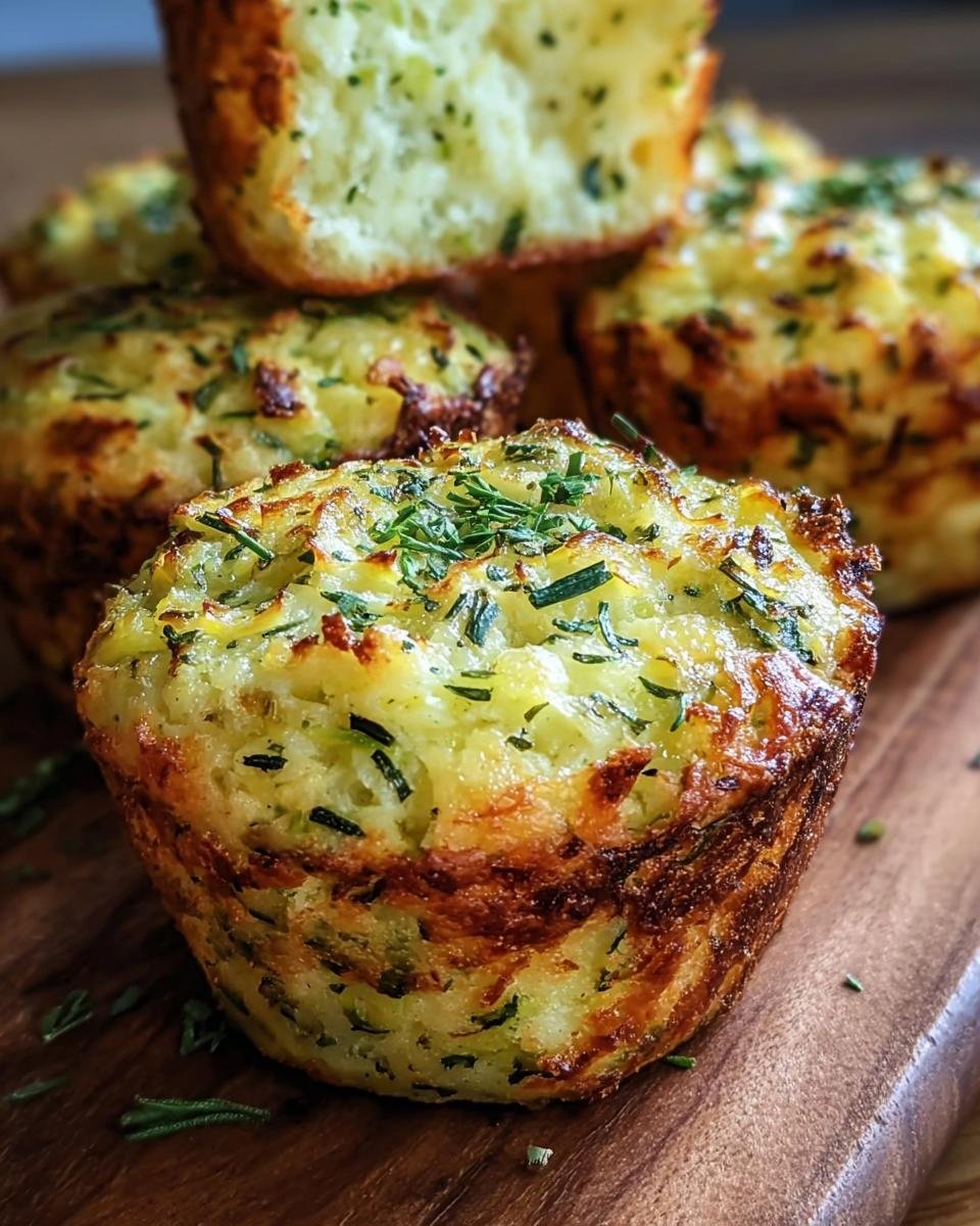 A stack of freshly baked Parmesan Zucchini Muffins on a wooden board, garnished with herbs.