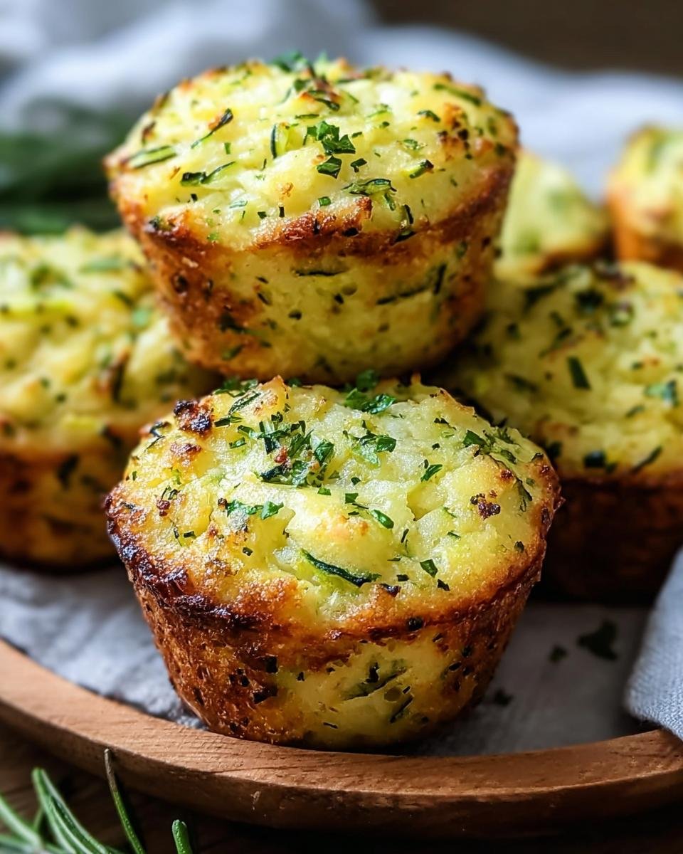A stack of freshly baked Parmesan Zucchini Muffins, garnished with herbs, on a wooden plate.