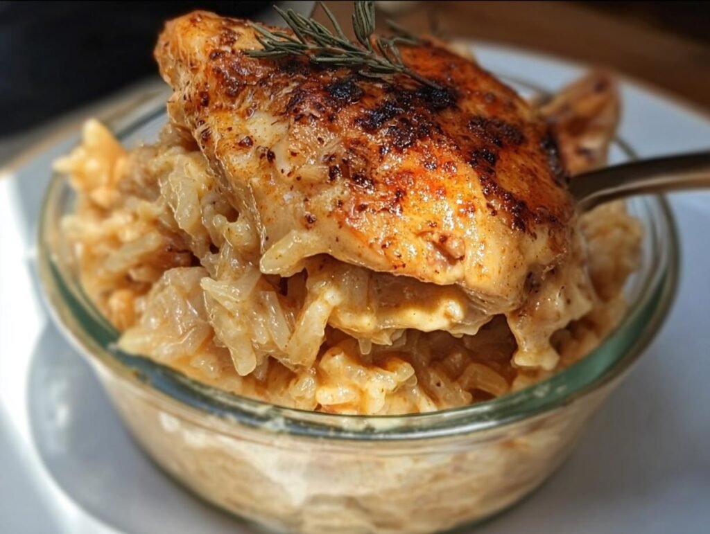 Close-up of perfect comfy, high protein chicken breast served over creamy rice in a glass bowl, garnished with rosemary.