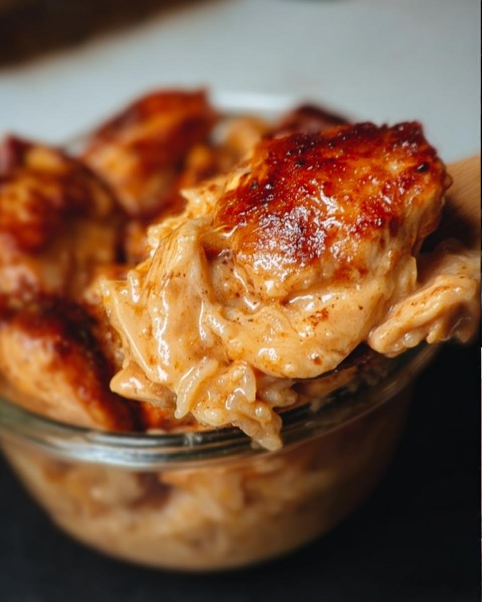 Close-up of a perfect comfy, high protein dish with chicken and rice in a creamy sauce.