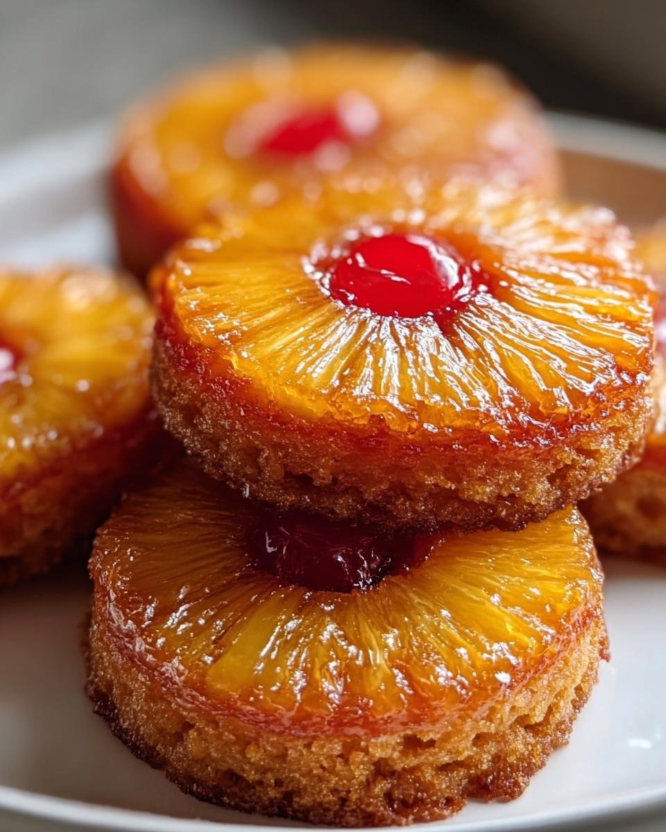 A stack of Pineapple Upside-Down Cookies, topped with pineapple rings and cherries.