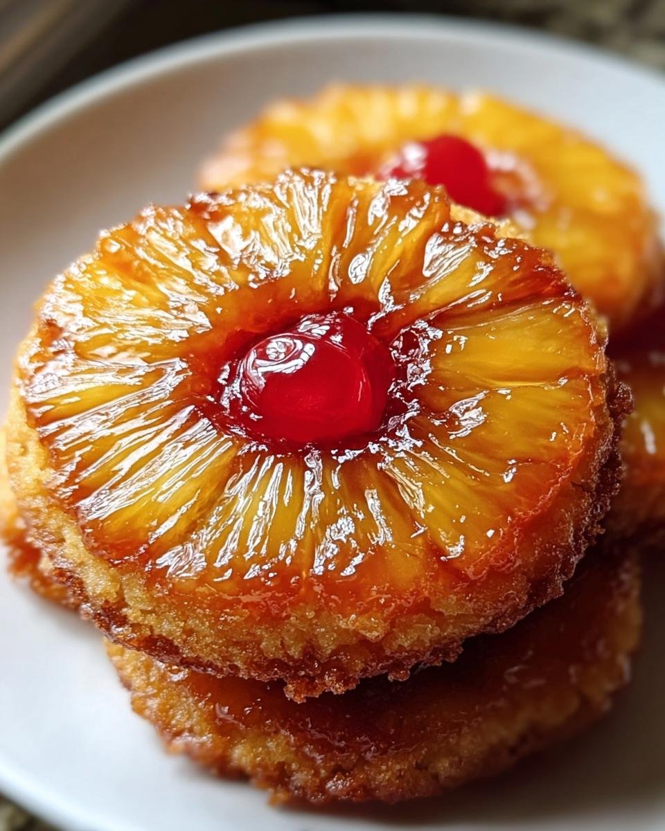 A stack of Pineapple Upside-Down Cookies, topped with caramelized pineapple and a cherry.