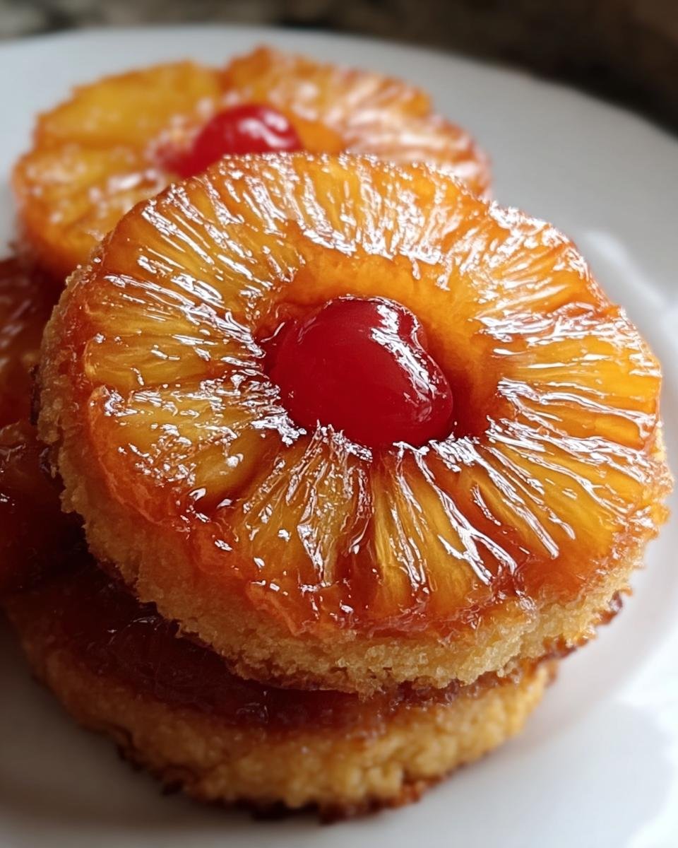 A stack of glazed Pineapple Upside-Down Cookies, topped with pineapple rings and cherries.