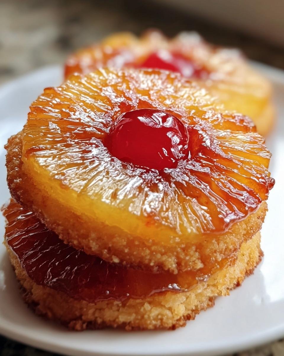 Close-up of stacked Pineapple Upside-Down Cookies, topped with a glazed pineapple ring and maraschino cherry.