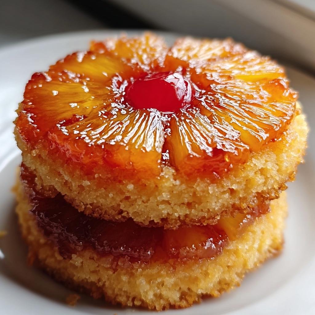 Two Pineapple Upside-Down Cookies stacked, topped with pineapple rings and a cherry.