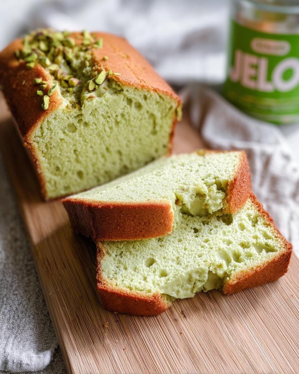 A sliced loaf of Pistachio Pudding Bread on a wooden board, topped with chopped pistachios.