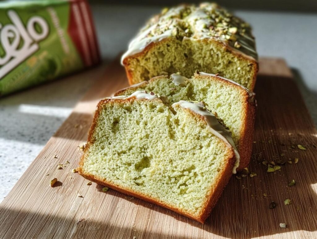 Slices of homemade Pistachio Pudding Bread with white icing and chopped pistachios on a wooden board.