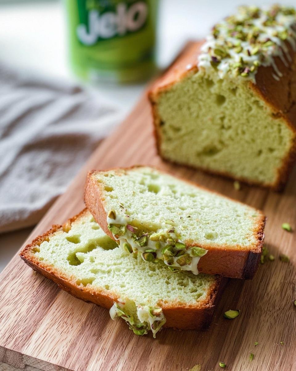 Slices of pistachio pudding bread with white glaze and chopped pistachios on a wooden board.