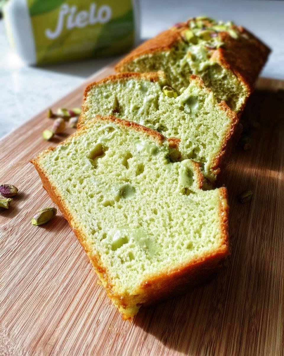 Slices of homemade Pistachio Pudding Bread on a wooden board, topped with pistachios.