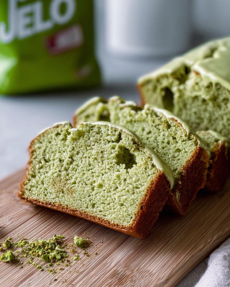 Slices of homemade Pistachio Pudding Bread with a light green glaze, served on a wooden board.