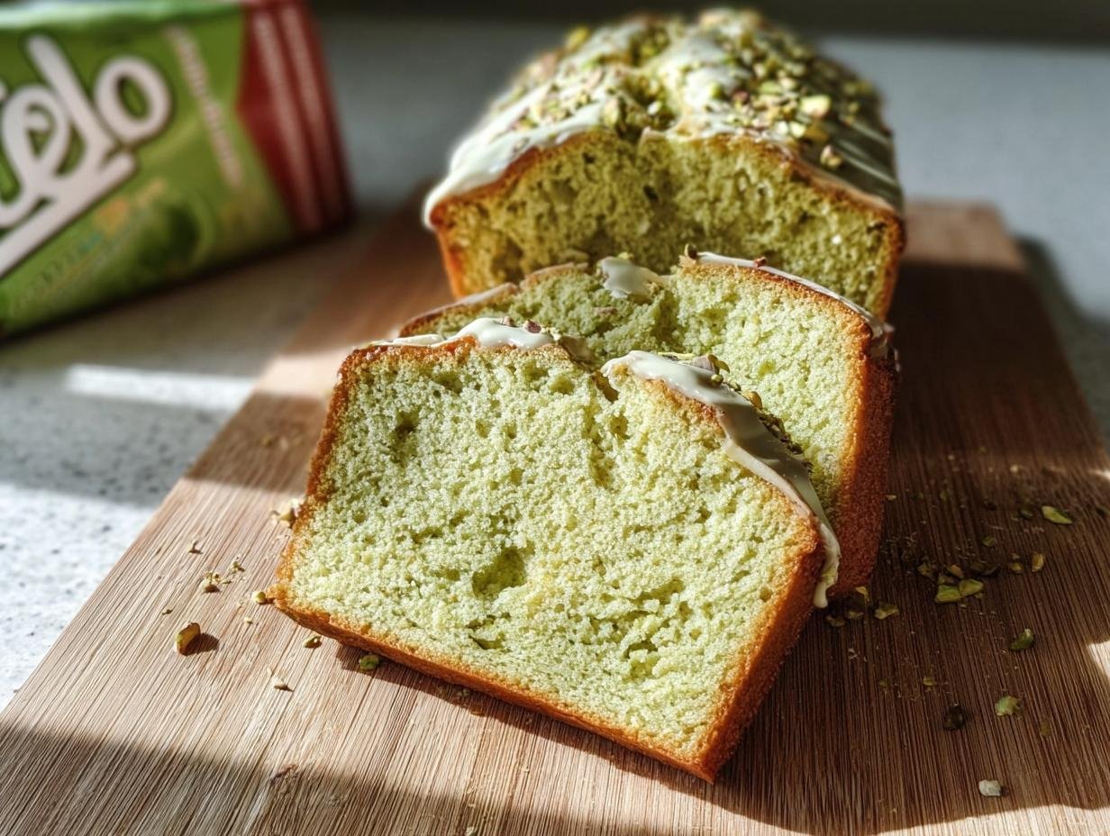 Slices of homemade Pistachio Pudding Bread with white icing and chopped pistachios on a wooden board.
