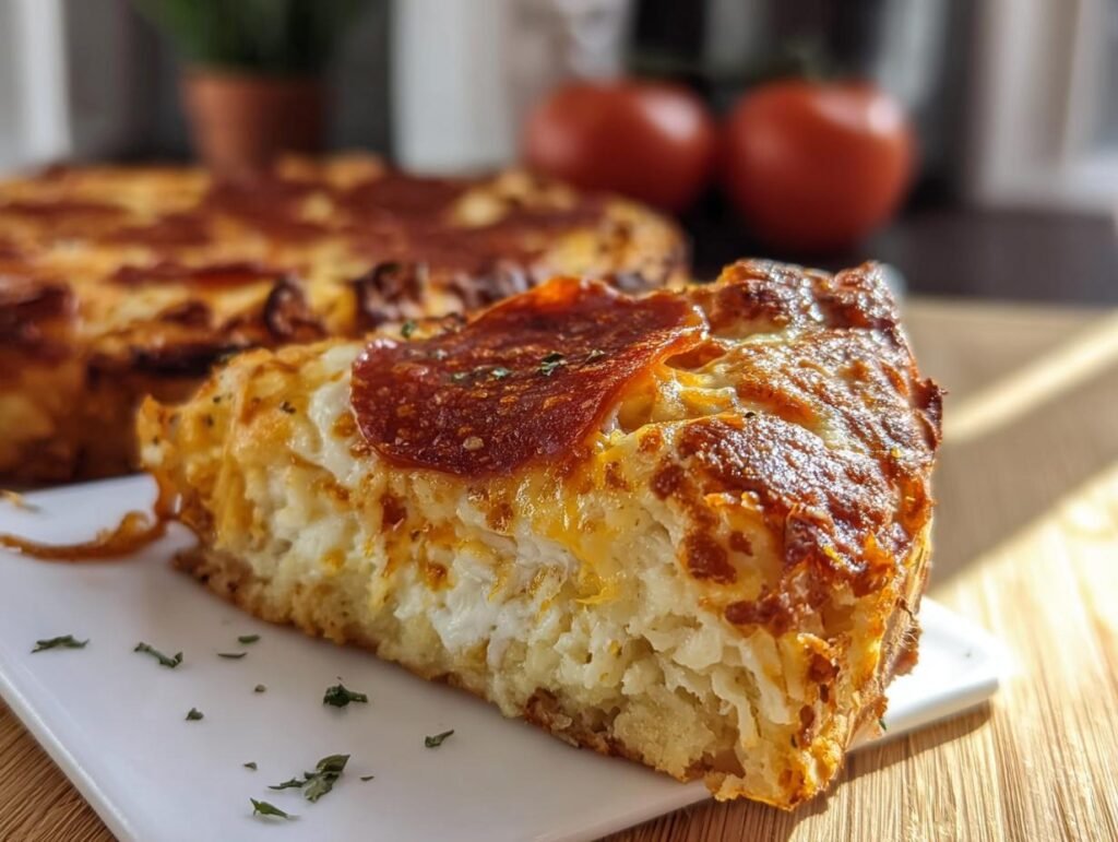 A slice of Pizza Cottage Cheese Bake with pepperoni on a white plate, ready to eat.