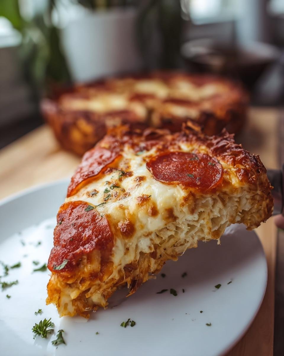 A delicious slice of Pizza Cottage Cheese Bake with pepperoni and melted cheese on a white plate.