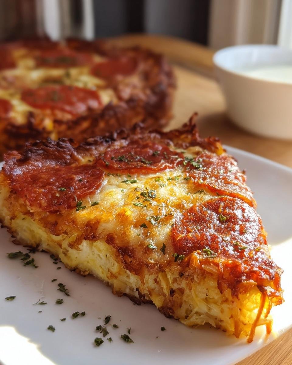 A delicious slice of Pizza Cottage Cheese Bake with pepperoni and herbs on a white plate.