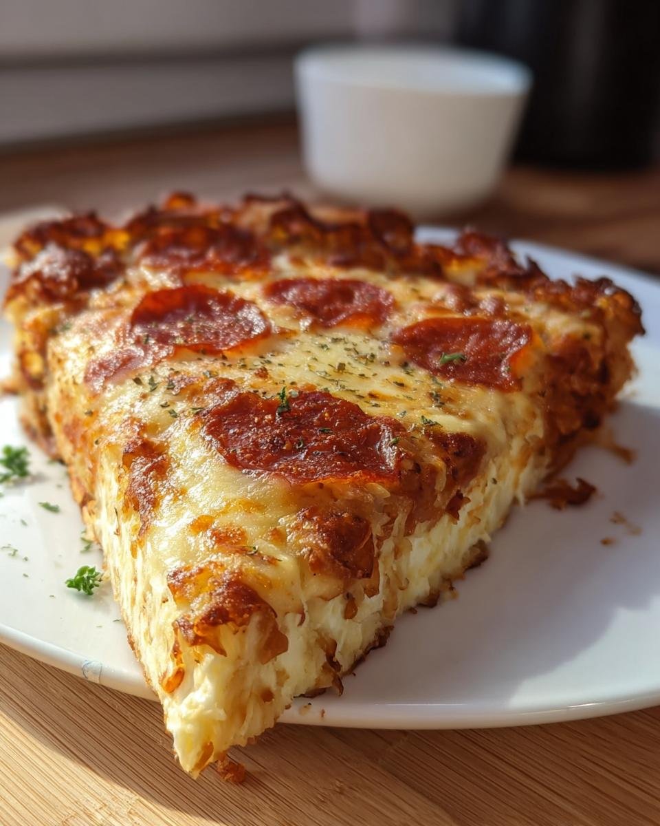 A delicious slice of Pizza Cottage Cheese Bake with pepperoni, cheese, and herbs on a white plate.