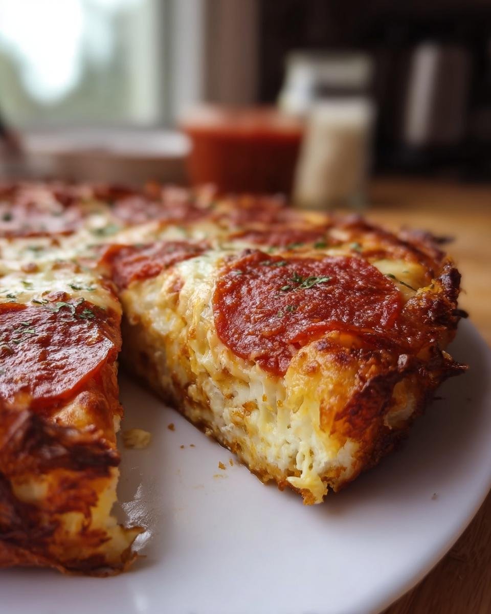 A slice of Pizza Cottage Cheese Bake with pepperoni, cheese, and herbs on a white plate.