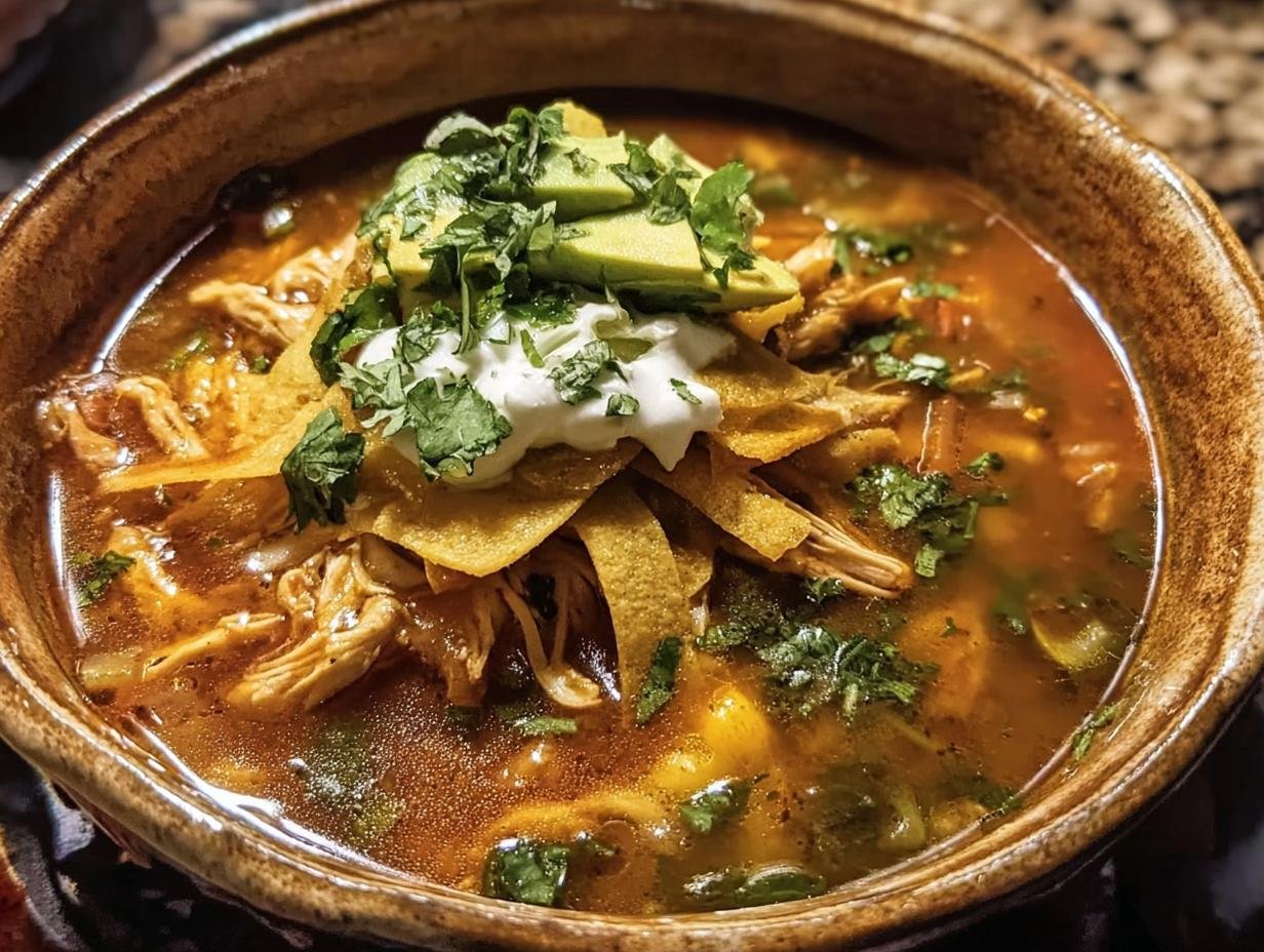 A bowl of Poblano Chicken Tortilla Soup, topped with tortilla strips, avocado, cilantro, and sour cream.