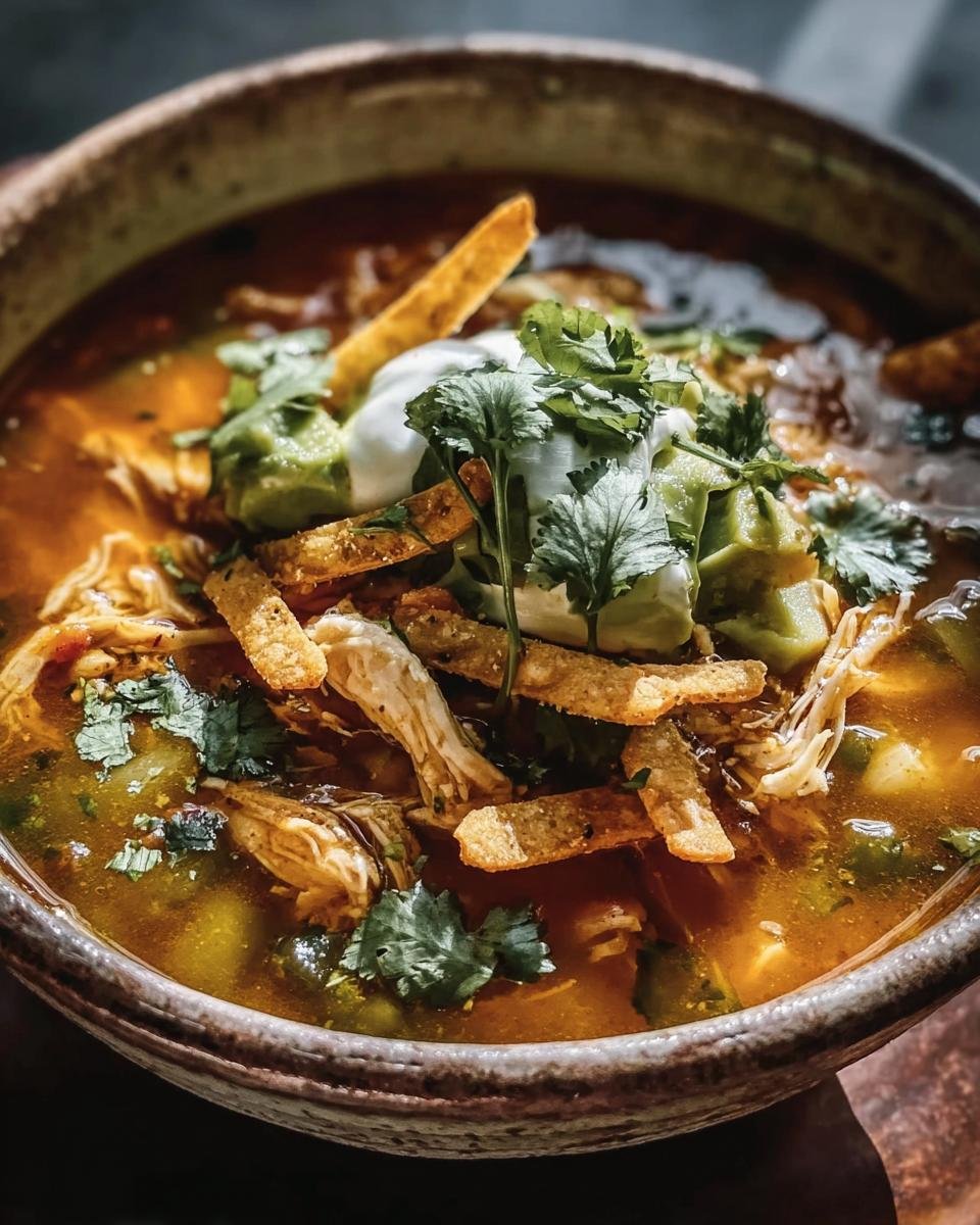 A bowl of Poblano Chicken Tortilla Soup, topped with tortilla strips, avocado, sour cream, and cilantro.