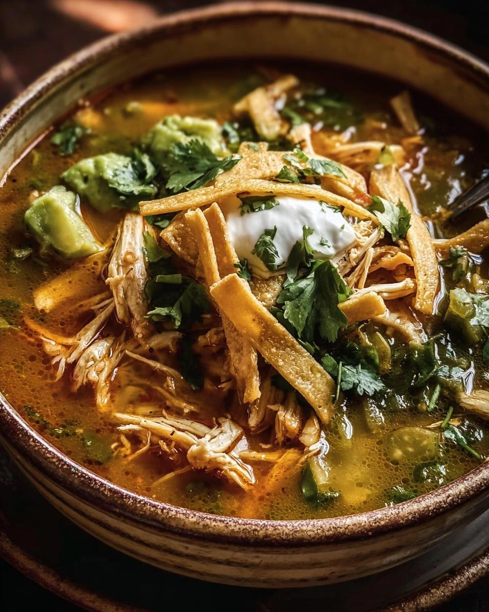 A bowl of Poblano Chicken Tortilla Soup topped with tortilla strips, avocado, cilantro, and sour cream.