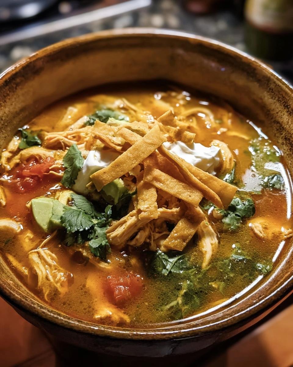 A bowl of Poblano Chicken Tortilla Soup, garnished with tortilla strips, avocado, cilantro, and a dollop of sour cream.