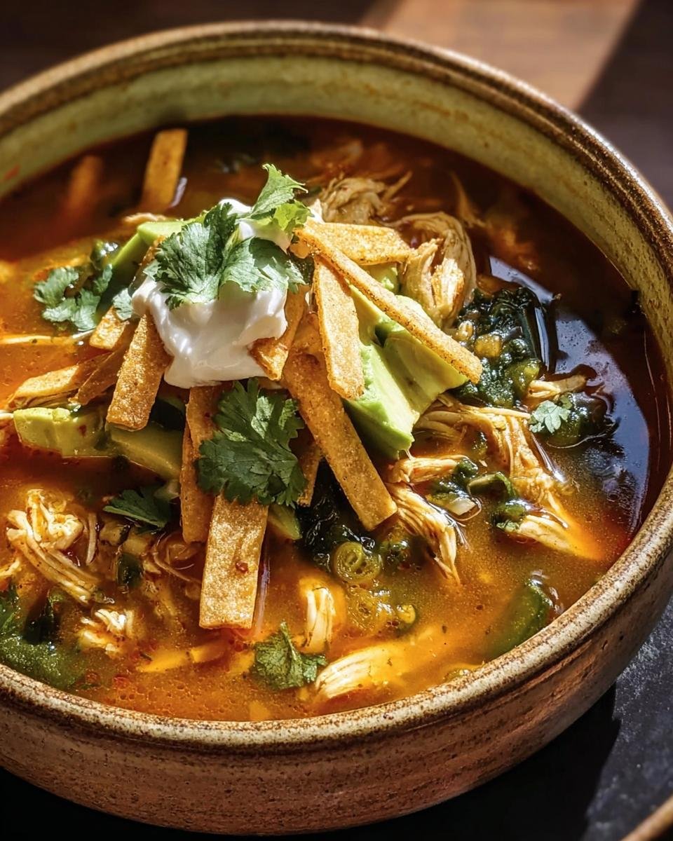 A bowl of Poblano Chicken Tortilla Soup, garnished with tortilla strips, avocado, cilantro, and sour cream.
