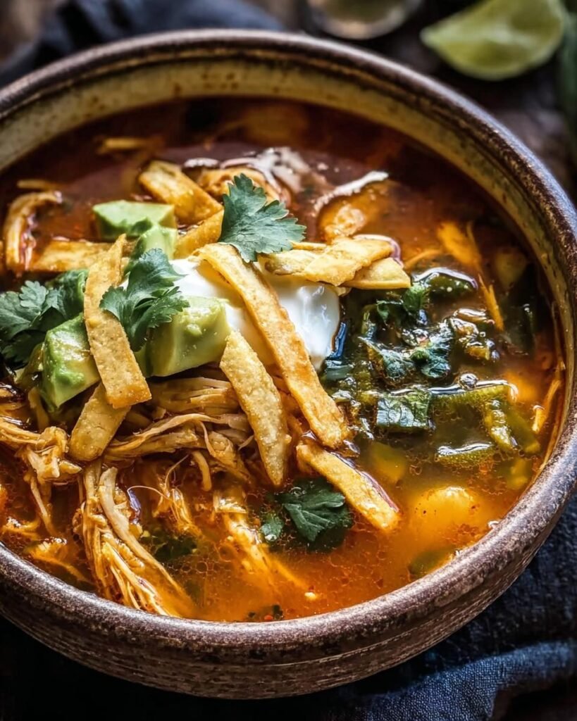 A delicious bowl of Poblano Chicken Tortilla Soup topped with avocado, tortilla strips, and cilantro.