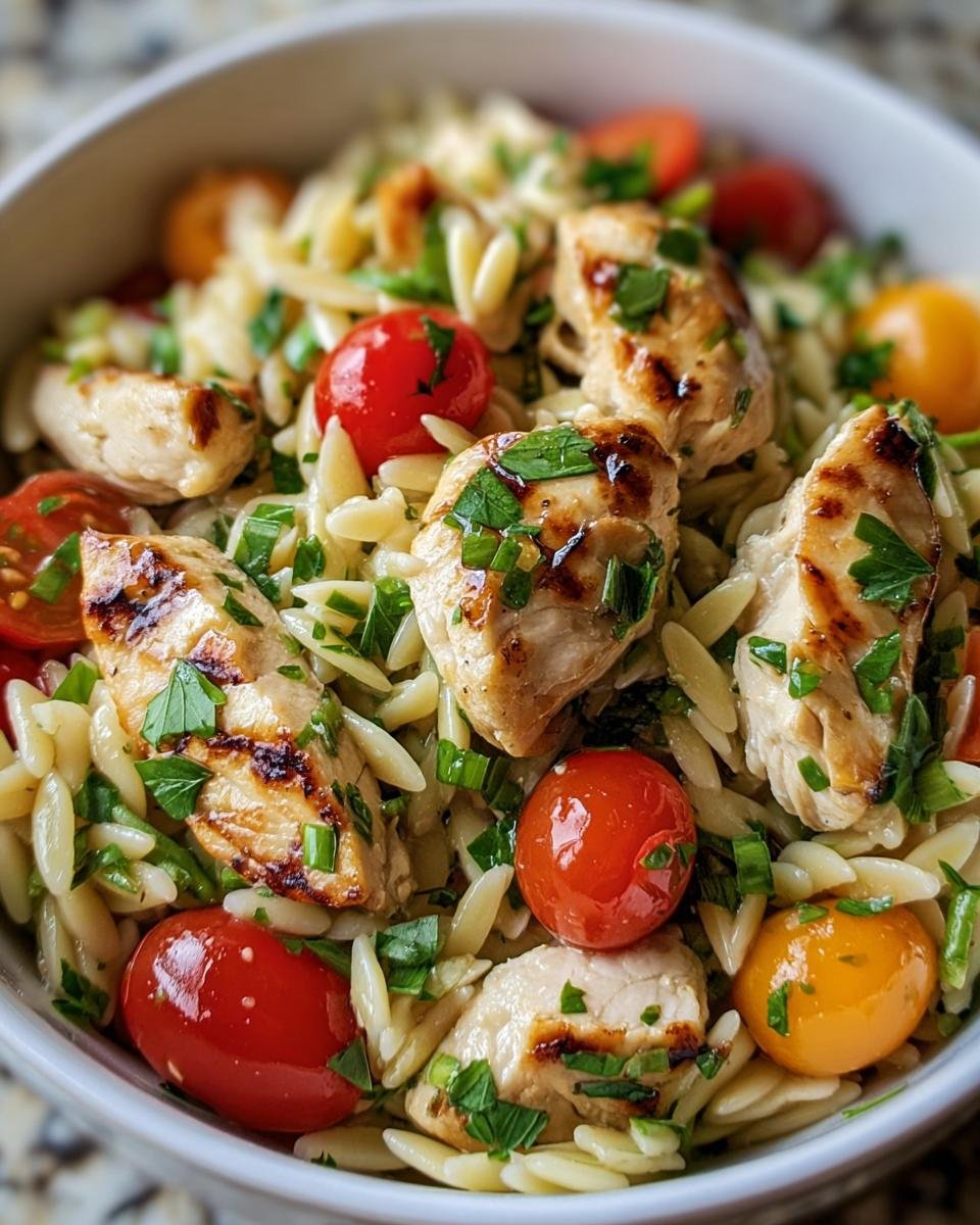 Close-up of a bowl of Protein Chicken Orzo with grilled chicken, orzo pasta, tomatoes, and herbs.