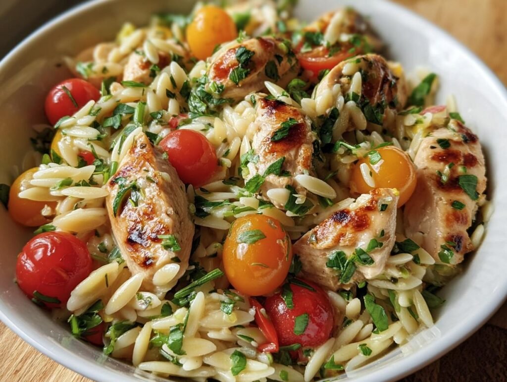 Bowl of Protein Chicken Orzo with cherry tomatoes and fresh herbs. A quick and healthy meal.